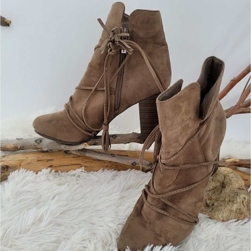 Breckelles faux suede heeled boots with wrap around cord